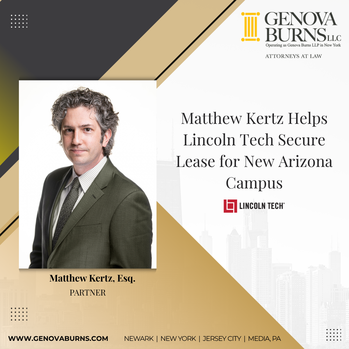 Image featuring Matthew Kertz headshot announcing recent success on behalf of client Lincoln Tech